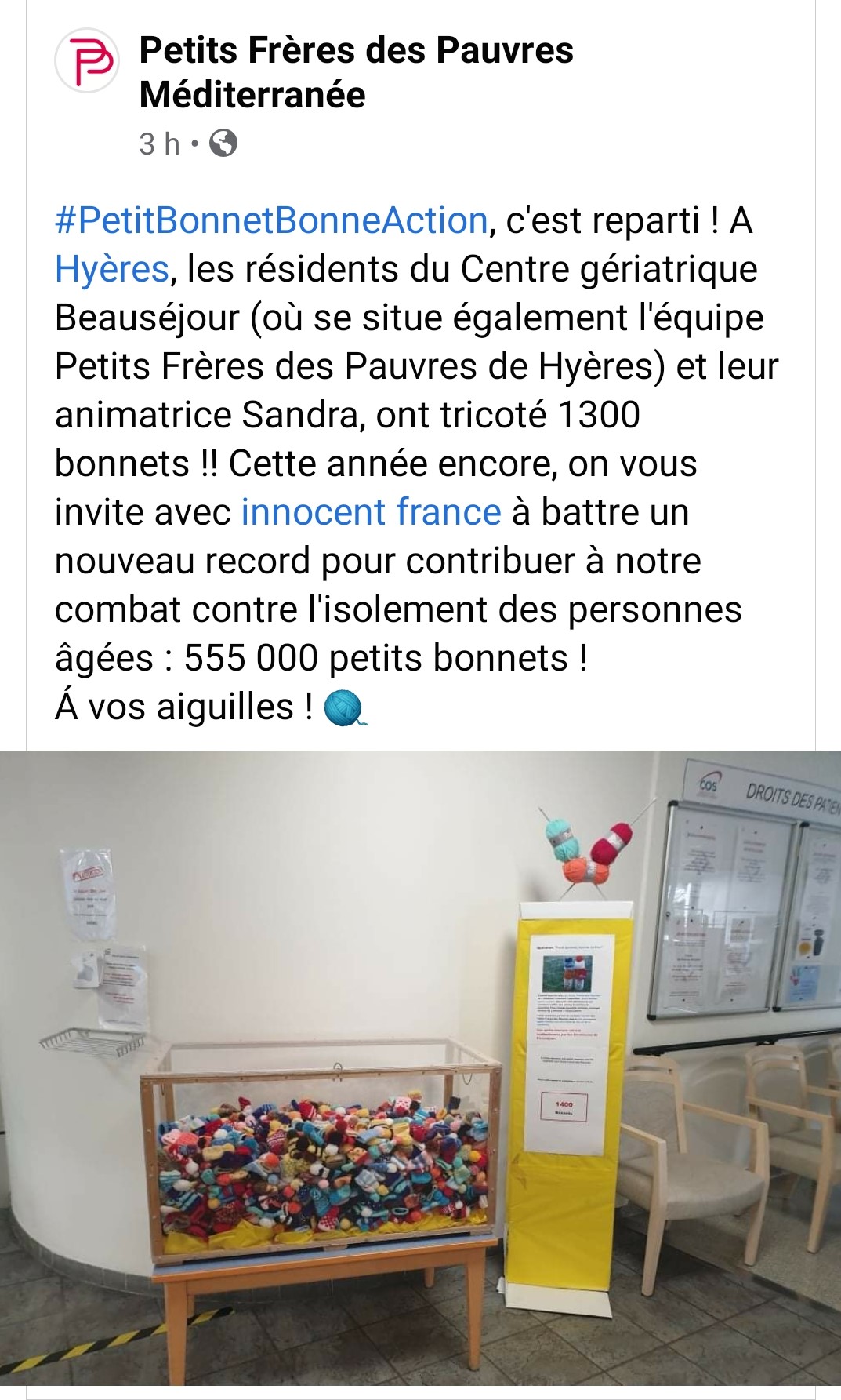 Valorisation des tricoteuses solidaires du COS Beauséjour sur la page Facebook des Petits Frères des Pauvres