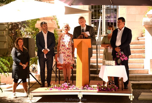 Discours d'inauguration avec (de gauche à droite) Laurence SEMERDJIAN, Ahmed HEDDADI, Cécile HOLVOET, Michel CADOT, Caroline AGERON, Jean-Marc PERRIN.