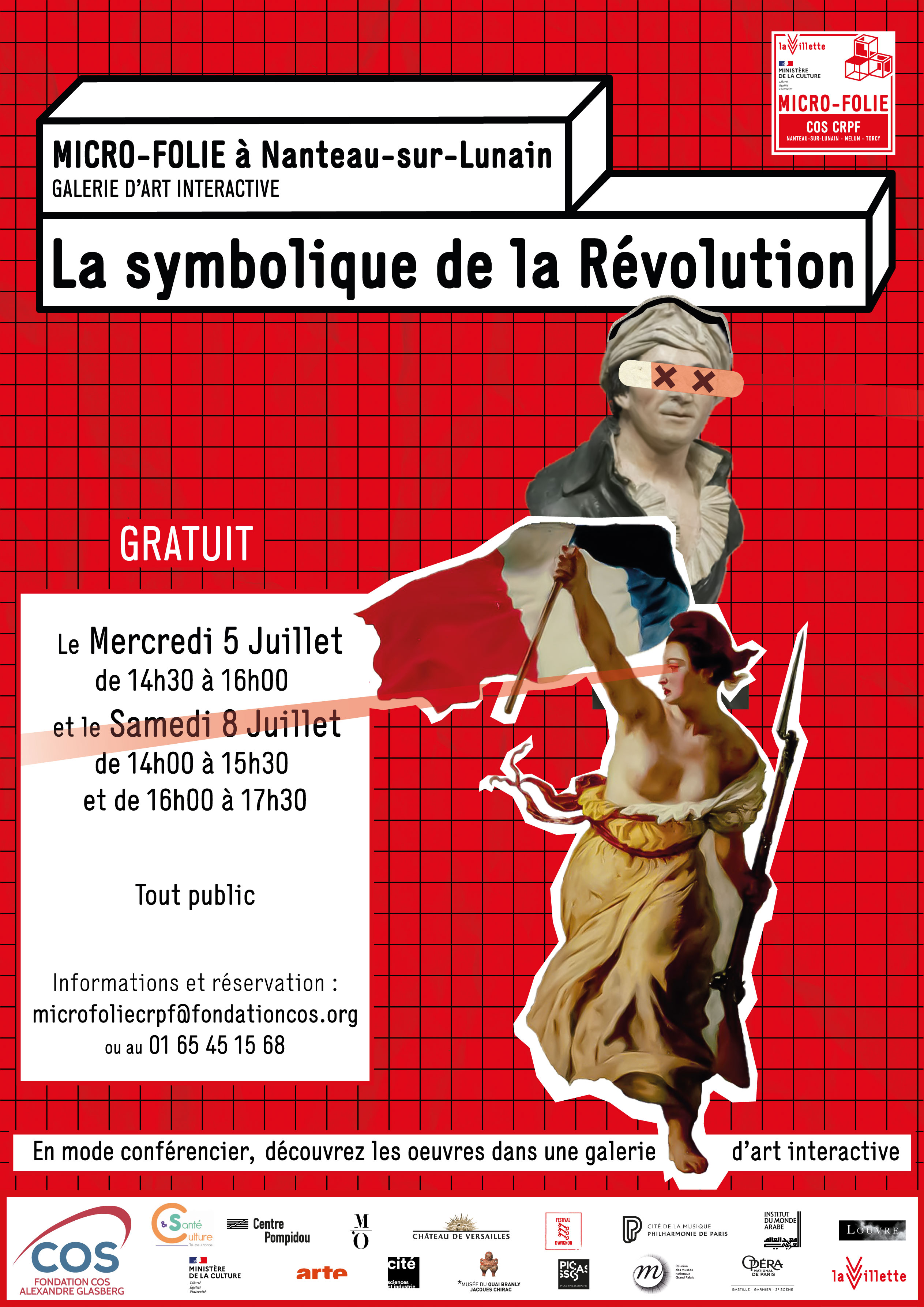 affiche rouge présentant des oeuvres avec des dates et des informations