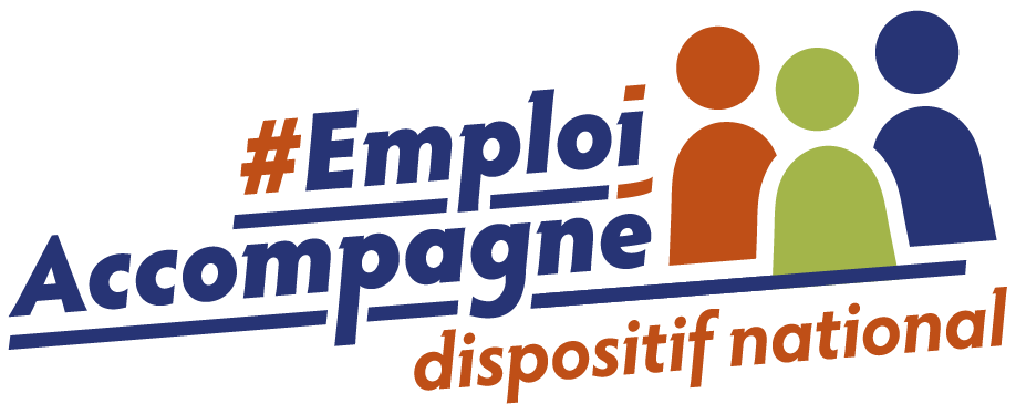 logo emploi accompagné - 3 personnes représentées en 3 couleurs différentes