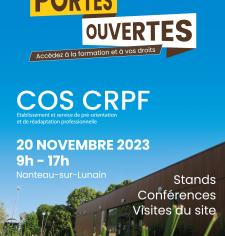 Affiche portes représentant un batiment avec des informations sur les dates et lieu de l'événement